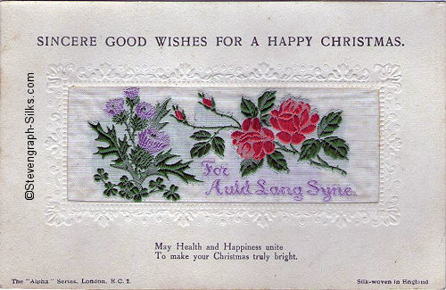 Alpha series postcard with woven FOR AULD LANG SYNE words, with printed title and words below silk