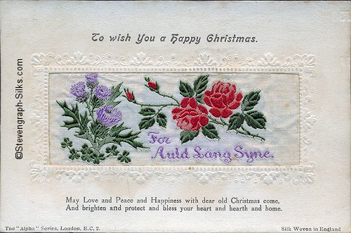 Alpha series postcard with woven FOR AULD LANG SYNE words, with printed title and words below silk