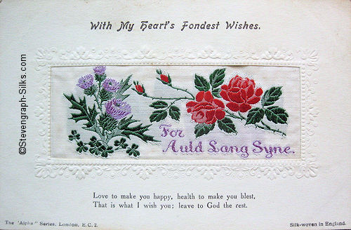 Alpha series postcard with woven FOR AULD LANG SYNE words, with printed title and words below silk