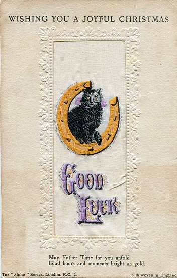 Stevens Alpha series postcard with image of a cat sat on a horse shoe