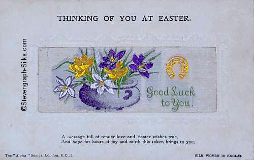 Alpha series postcard with woven GOOD LUCK TO YOU words, with printed title and words below silk