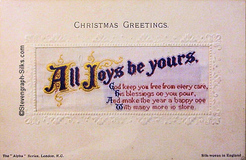 Alpha series postcard with woven words ALL JOYS BE YOURS, with printed title