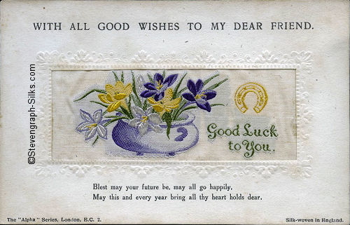 Alpha series postcard with woven GOOD LUCK TO YOU words, with printed title and words below silk