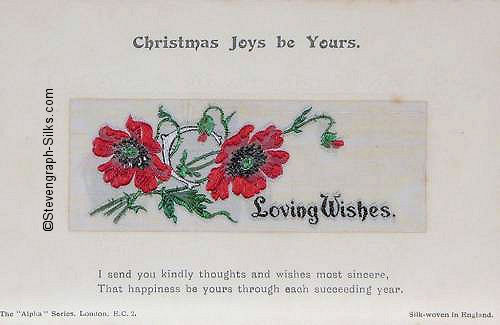 Alpha series postcard with woven LOVING WISHES words, image of poppies, with printed title and words below silk