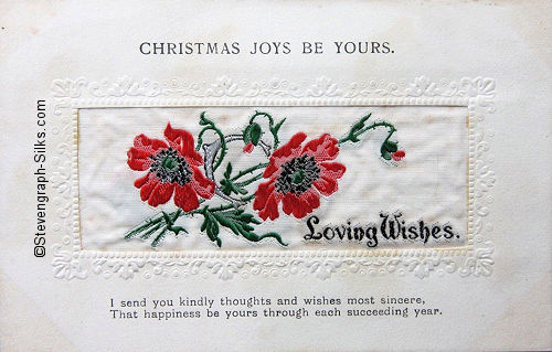 Alpha series postcard with woven LOVING WISHES words, image of poppies, with printed title and words below silk