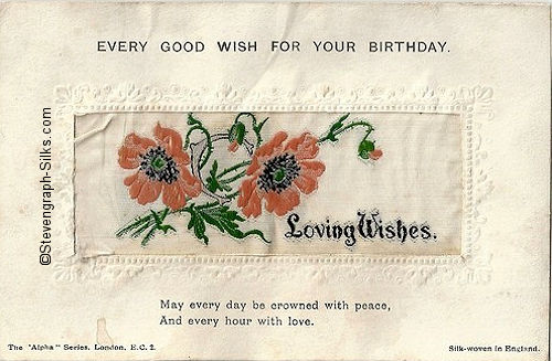 Alpha series postcard with woven LOVING WISHES words, image of poppies, with printed title and words below silk