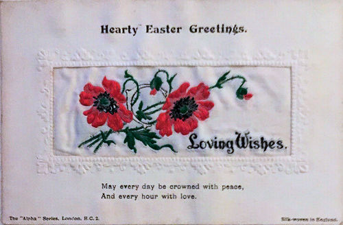 Alpha series postcard with woven LOVING WISHES words, image of poppies, with printed title and words below silk