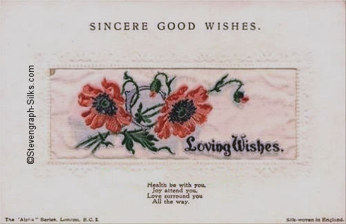 Alpha series postcard with woven LOVING WISHES words, image of poppies, with printed title and words below silk