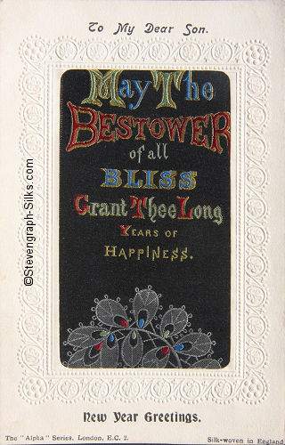 Stevens Alpha series postcard with woven MAY THE BSTOWER OF ALL BLISS words from the Stevens bookmark, with printed title