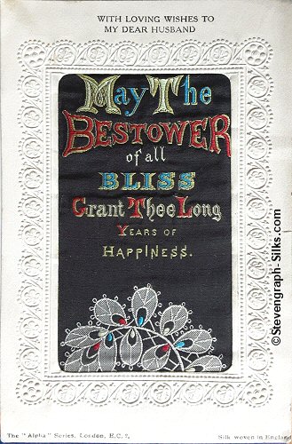 Stevens Alpha series postcard with woven MAY THE BSTOWER OF ALL BLISS words from the Stevens bookmark, with printed title