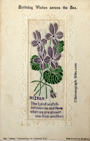 Stevens Alpha series postcard with woven MIZPAH words and various printed words