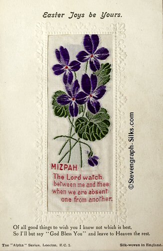 Stevens Alpha series postcard with woven MIZPAH words and various printed words