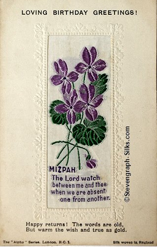 Stevens Alpha series postcard with woven MIZPAH words and various printed words