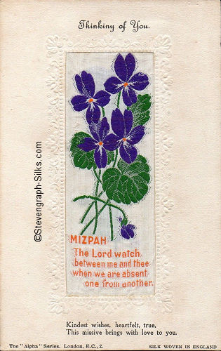 Stevens Alpha series postcard with woven MIZPAH words and various printed words