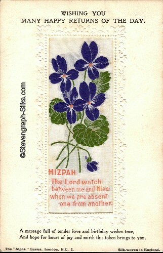 Stevens Alpha series postcard with woven MIZPAH words and various printed words