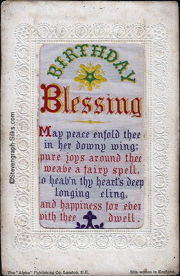 Stevens Alpha series postcard with words woven on silk