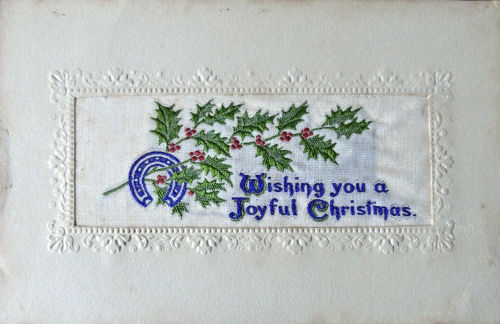 Alpha series postcard with woven WISHING YOU A JOYFUL CHRISTMAS words, but no other woven or printed words