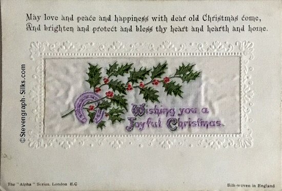 Alpha series postcard with woven WISHING YOU A JOYFUL CHRISTMAS words, printed title and words below silk