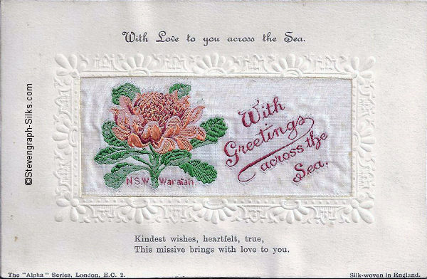 Alpha series postcard with image of flower and title words