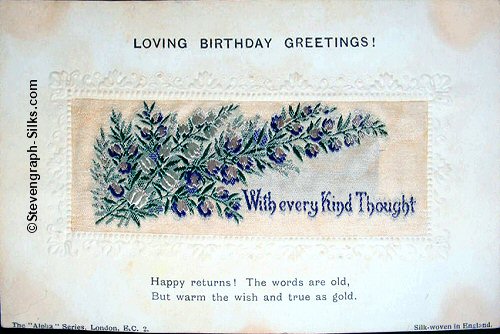 Alpha series postcard with woven WITH EVERY KIND THOUGHT words, printed title and words of a verse below silk
