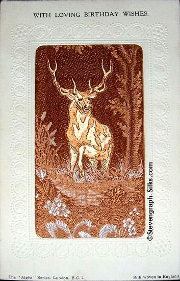 Stevens Alpha series postcard with image of a stag and printed words