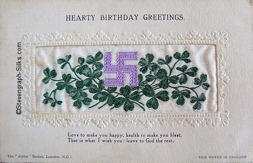 Alpha series postcard with no woven words, just cross design and shamrock, with printed title and words below silk