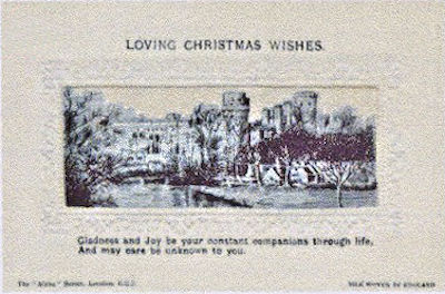 Alpha series postcard with no woven words, just picture of Warwick Castle, with printed title and words below silk