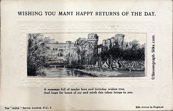 Alpha series postcard with no woven words, just picture of Warwick Castle, with printed title and words below silk