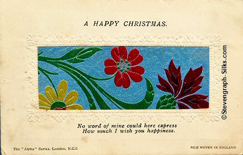 Stevens Alpha series postcard with woven image of red and yellow flowers on a branch, from the Stevens bookmark, with printed title