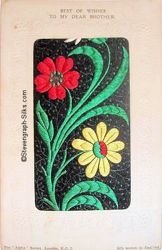 Stevens Alpha series postcard with woven image of red and yellow flowers on a branch, from the Stevens bookmark, with printed title