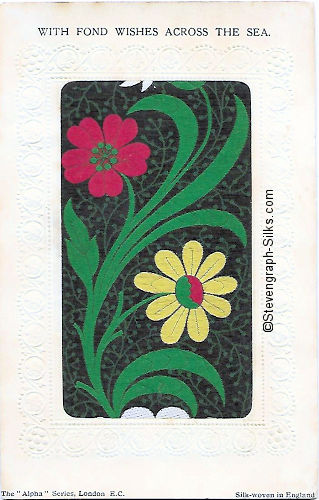 Stevens Alpha series postcard with woven image of red and yellow flowers on a branch, from the Stevens bookmark, with printed title