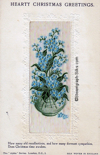 Stevens Alpha series postcard with bowl of Forget-me-not flowers