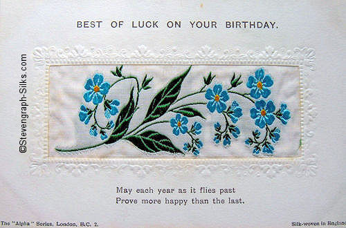 Alpha series postcard with no woven words, but printed title and words of a verse below silk