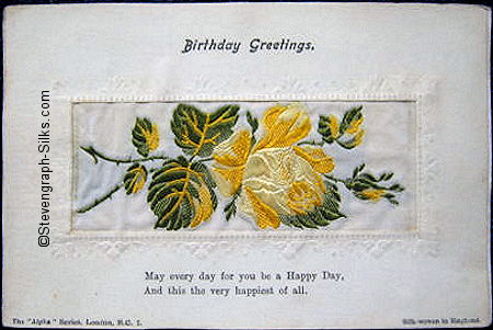 Alpha series postcard with no woven words, just image of a single rose and rose bud, with printed title and words below silk