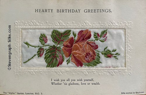 Alpha series postcard with no woven words, just image of a single rose and rose bud, with printed title and words below silk