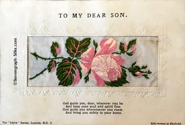 Alpha series postcard with no woven words, just image of a single rose and rose bud, with printed title and words below silk