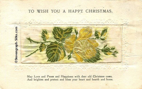 Alpha series postcard with no woven words, just image of a single rose and rose bud, with printed title and words below silk