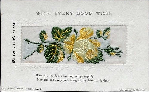 Alpha series postcard with no woven words, just image of a single rose and rose bud, with printed title and words below silk