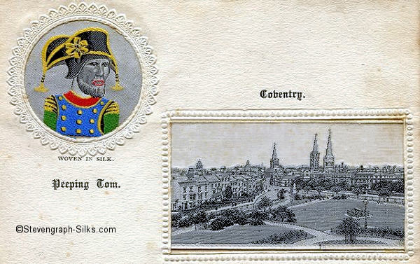 Composite postcard with two mounted silks, one of Peeping Tom, the other a view of Coventry Greyfriars Green