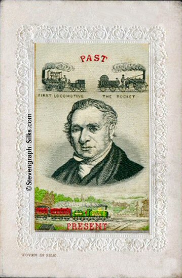 Portrait image of Stephenson and small views of early steam engines