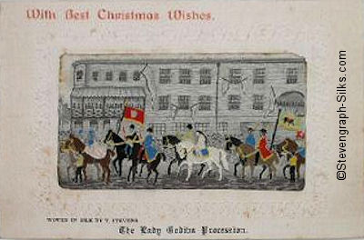 silk postcard of the Lady Godiva procession, with overprinted seasonal greetings