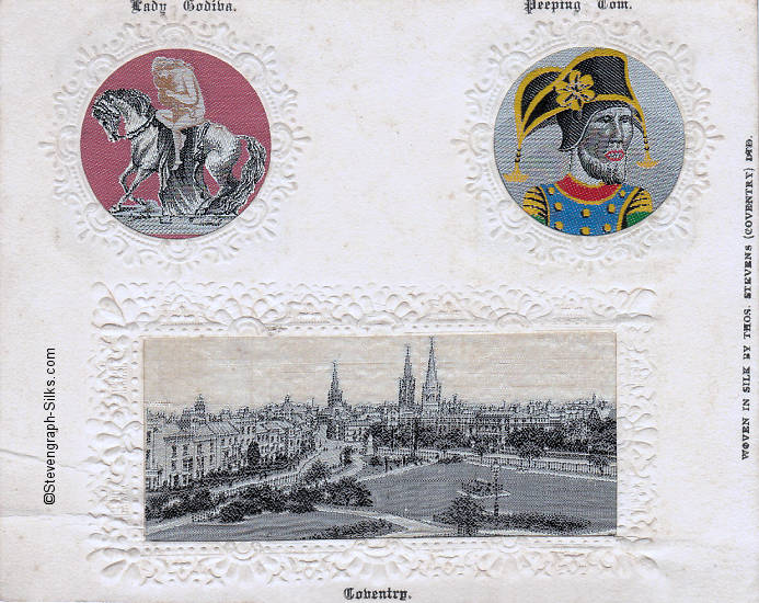 Composite postcard with three mounted silks, one of the Lady Godiva statue, one of Peeping Tom, and the third  a view of Coventry Greyfriars Green