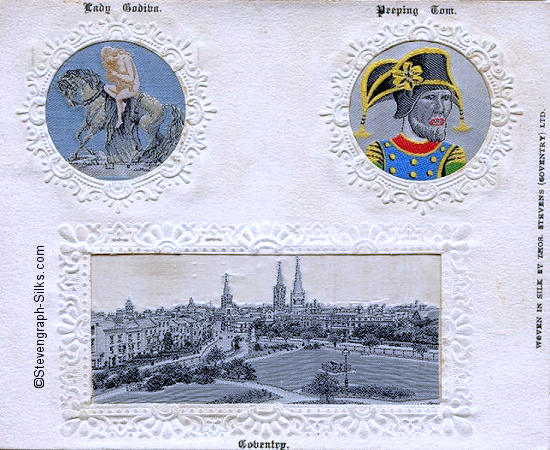 Composite postcard with three mounted silks, one of the Lady Godiva statue, one of Peeping Tom, and the third  a view of Coventry Greyfriars Green