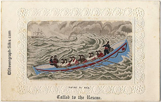 scene of lifeboat being rowed to rescue shipwreck survivors.