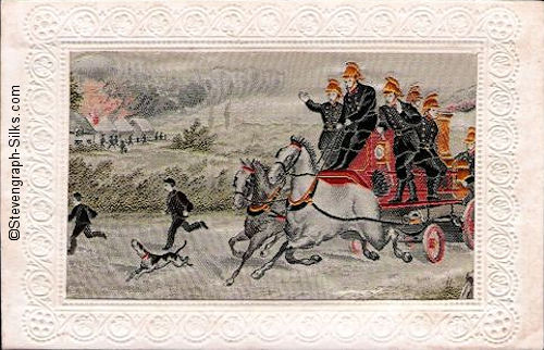 scene of old fire engine pulled by two horses, racing to a house on fire.
