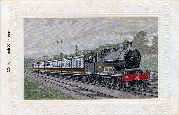 scene of steam train and seven carriages.