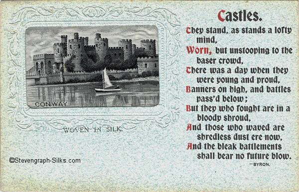 Experimental postcard with small rectangular silk of Conway Castle, and printed verse