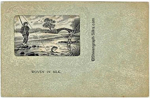 Experimental postcard with small rectangular silk depicting a fly fishing scene