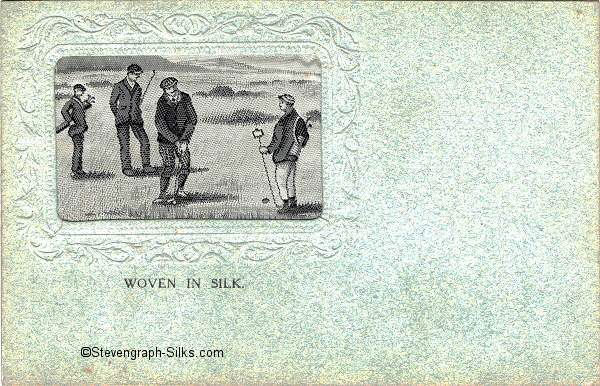 Experimental postcard with small rectangular silk depicting a golfing scene