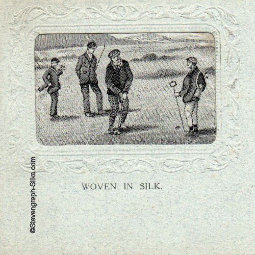 Experimental postcard with small rectangular silk depicting a golfing scene